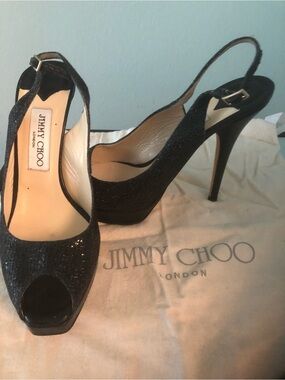 Jimmy Choo Black glitter sling back heels sz 38